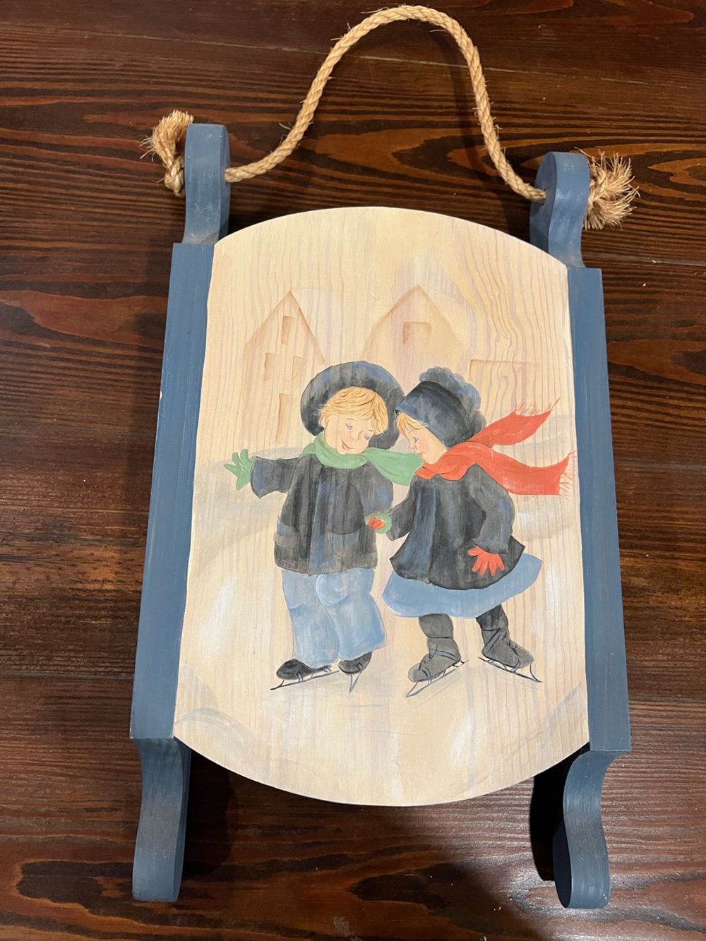 Vintage Wooden Sled Wall/Door Hanger with Folk Art Design‎ Winter Skating Amish